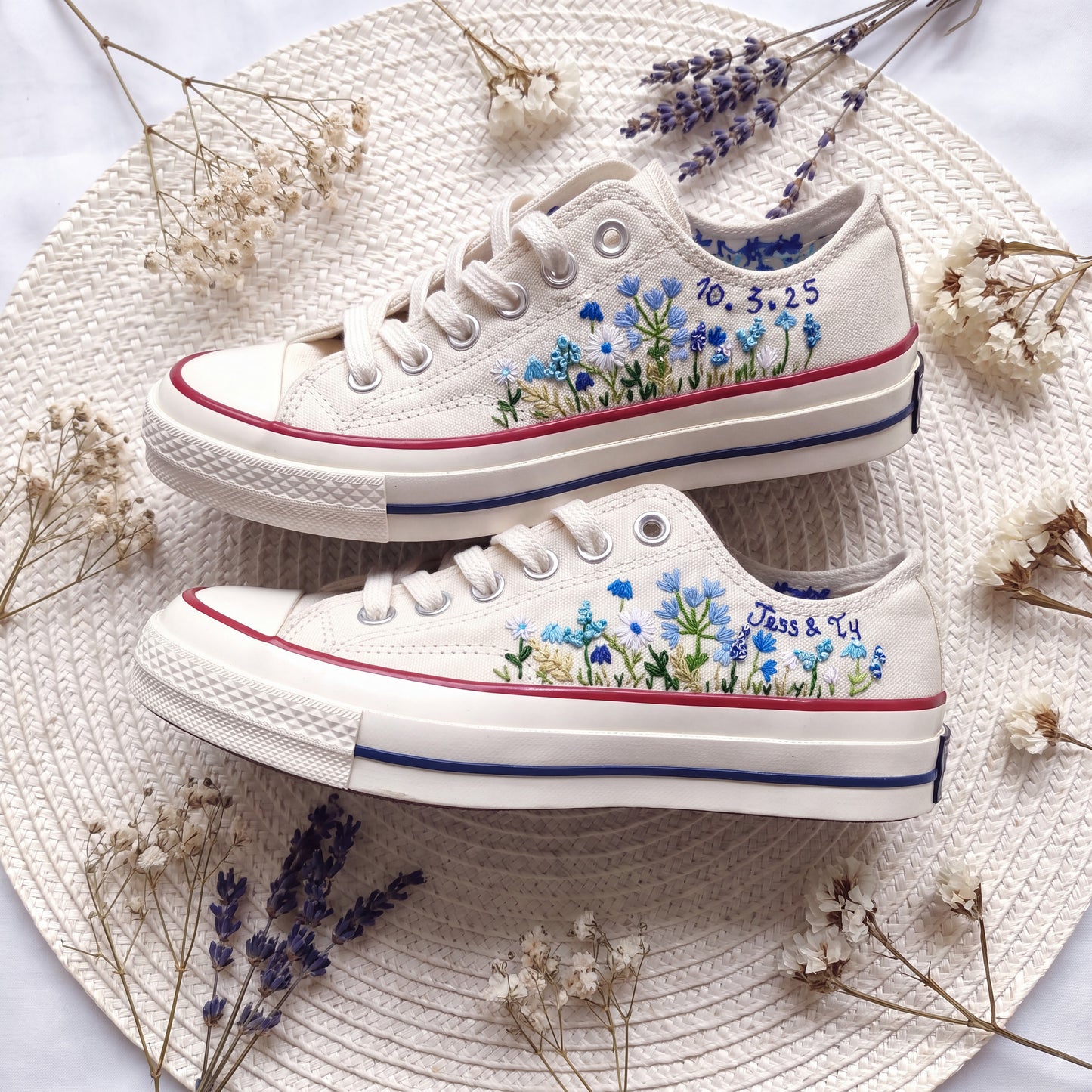 Personalized Blue Wildflower Embroidered Converse Shoes | Custom Date Canvas Sneakers | Handmade Floral Wedding Gift for Her