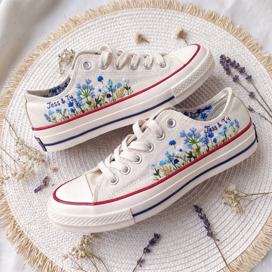 Personalized Blue Wildflower Embroidered Converse Shoes | Custom Date Canvas Sneakers | Handmade Floral Wedding Gift for Her