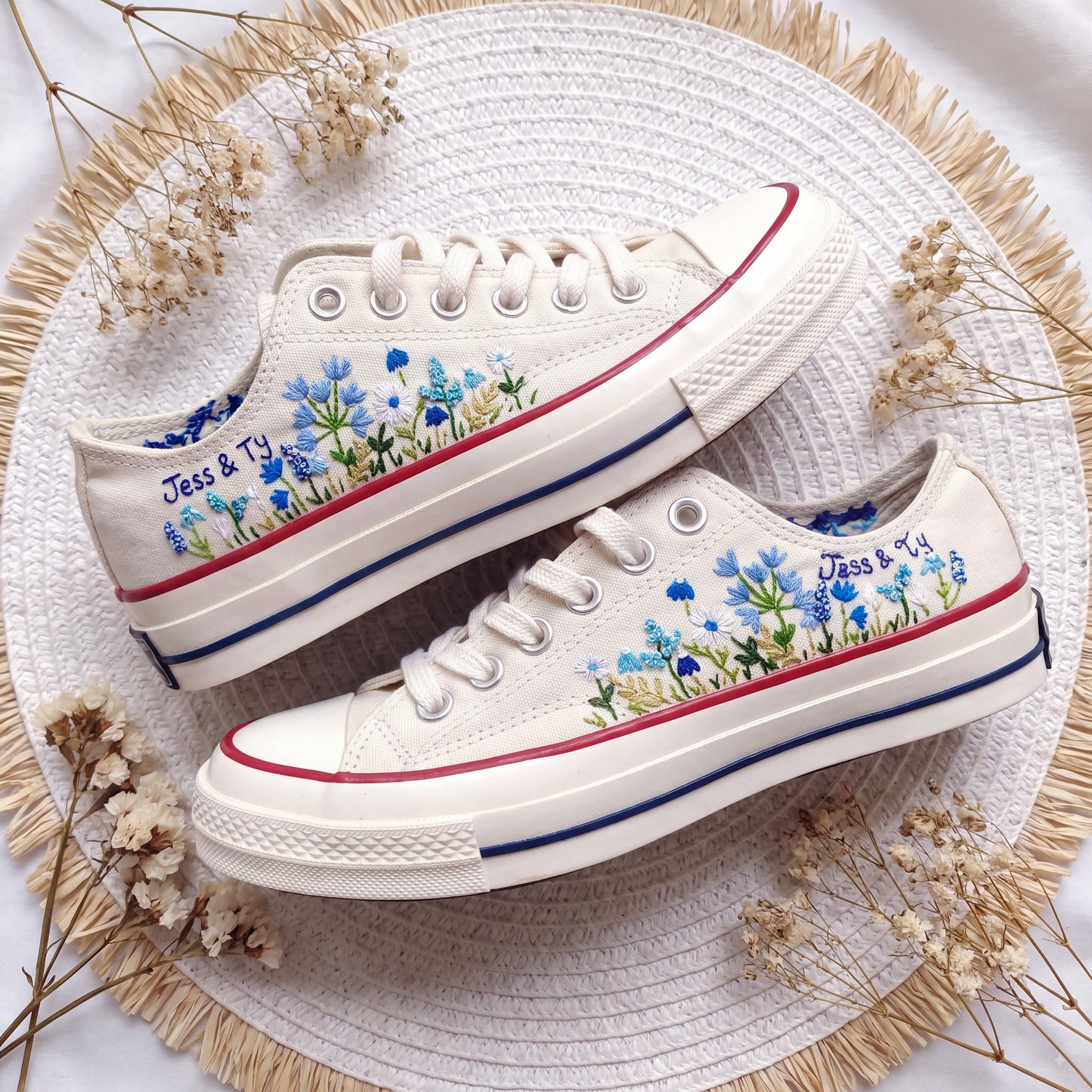 Personalized Blue Wildflower Embroidered Converse Shoes | Custom Date Canvas Sneakers | Handmade Floral Wedding Gift for Her
