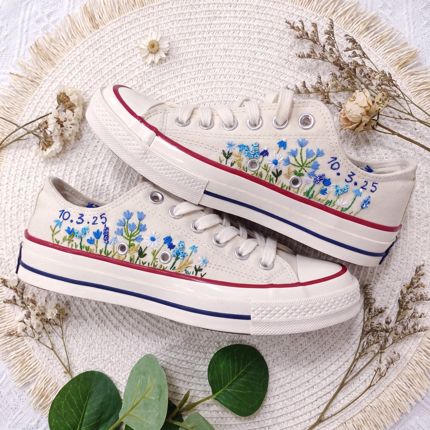 Personalized Blue Wildflower Embroidered Converse Shoes | Custom Date Canvas Sneakers | Handmade Floral Wedding Gift for Her