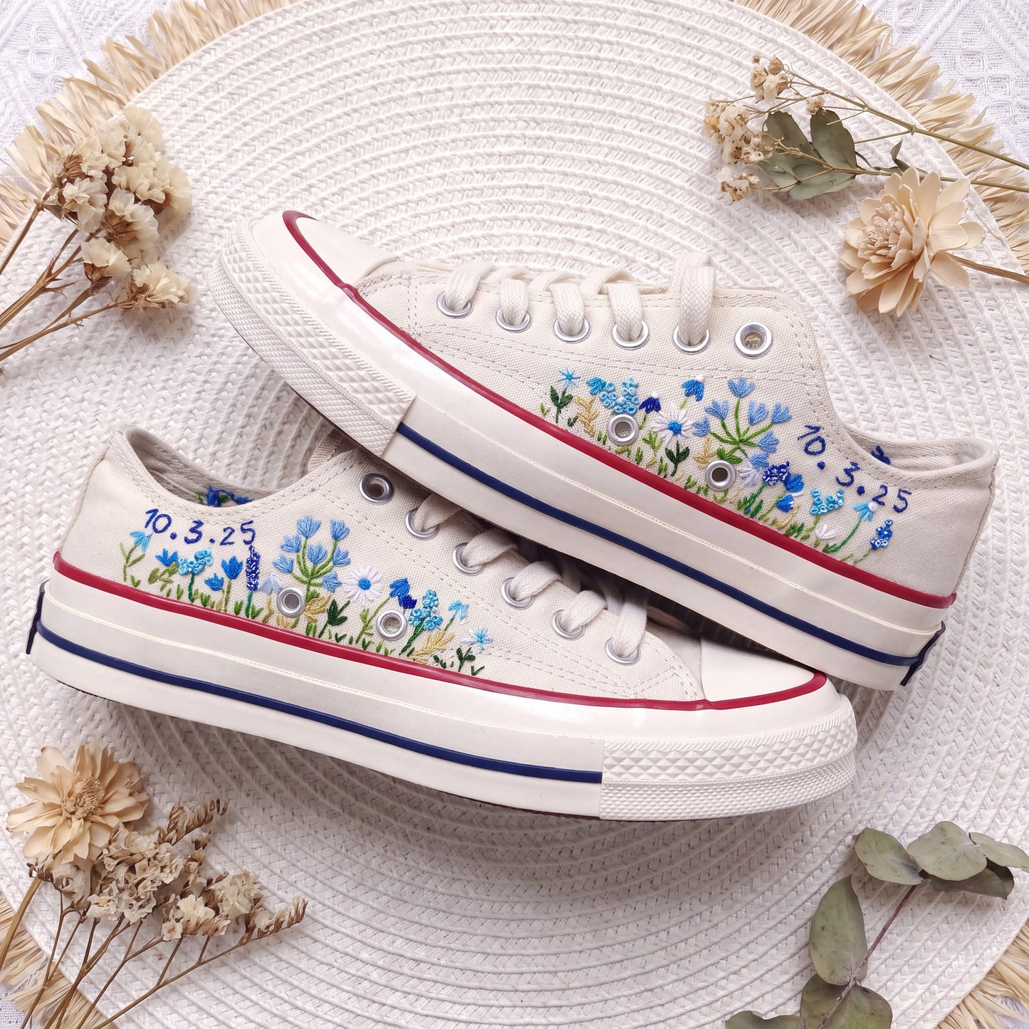 Personalized Blue Wildflower Embroidered Converse Shoes | Custom Date Canvas Sneakers | Handmade Floral Wedding Gift for Her