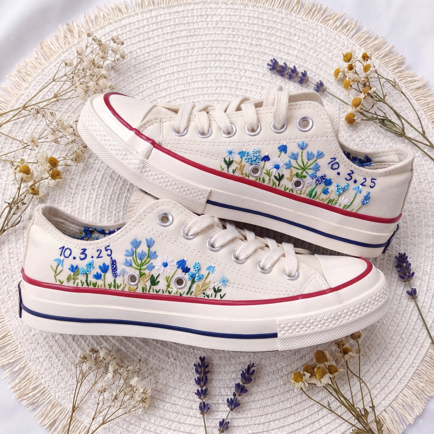 Personalized Blue Wildflower Embroidered Converse Shoes | Custom Date Canvas Sneakers | Handmade Floral Wedding Gift for Her
