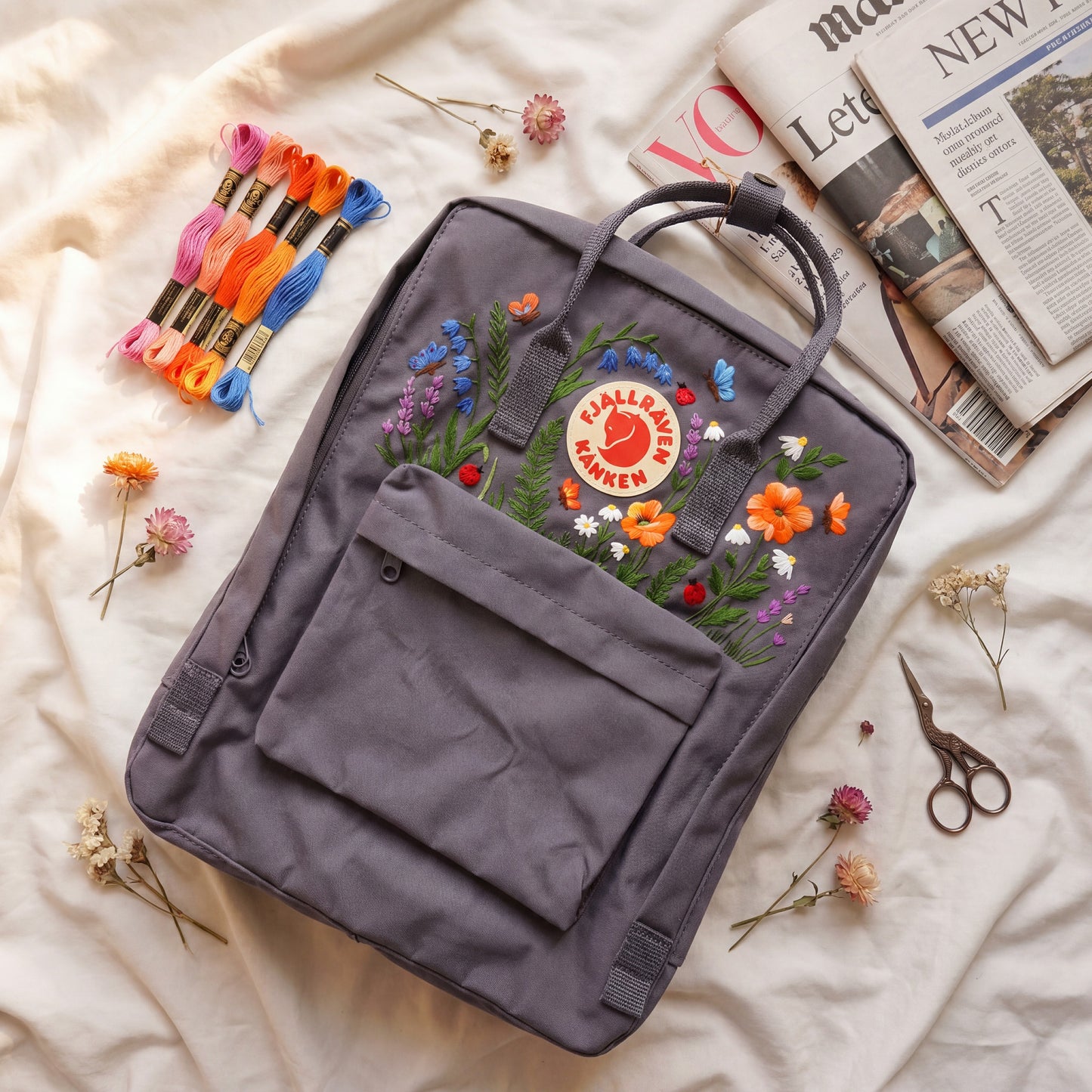 Fjallraven Kanken Wildflower Embroidered Backpack | Poppy Bluebell Daisy Floral Kanken Bag | Butterfly Ladybug Garden Design | Shool Backpack