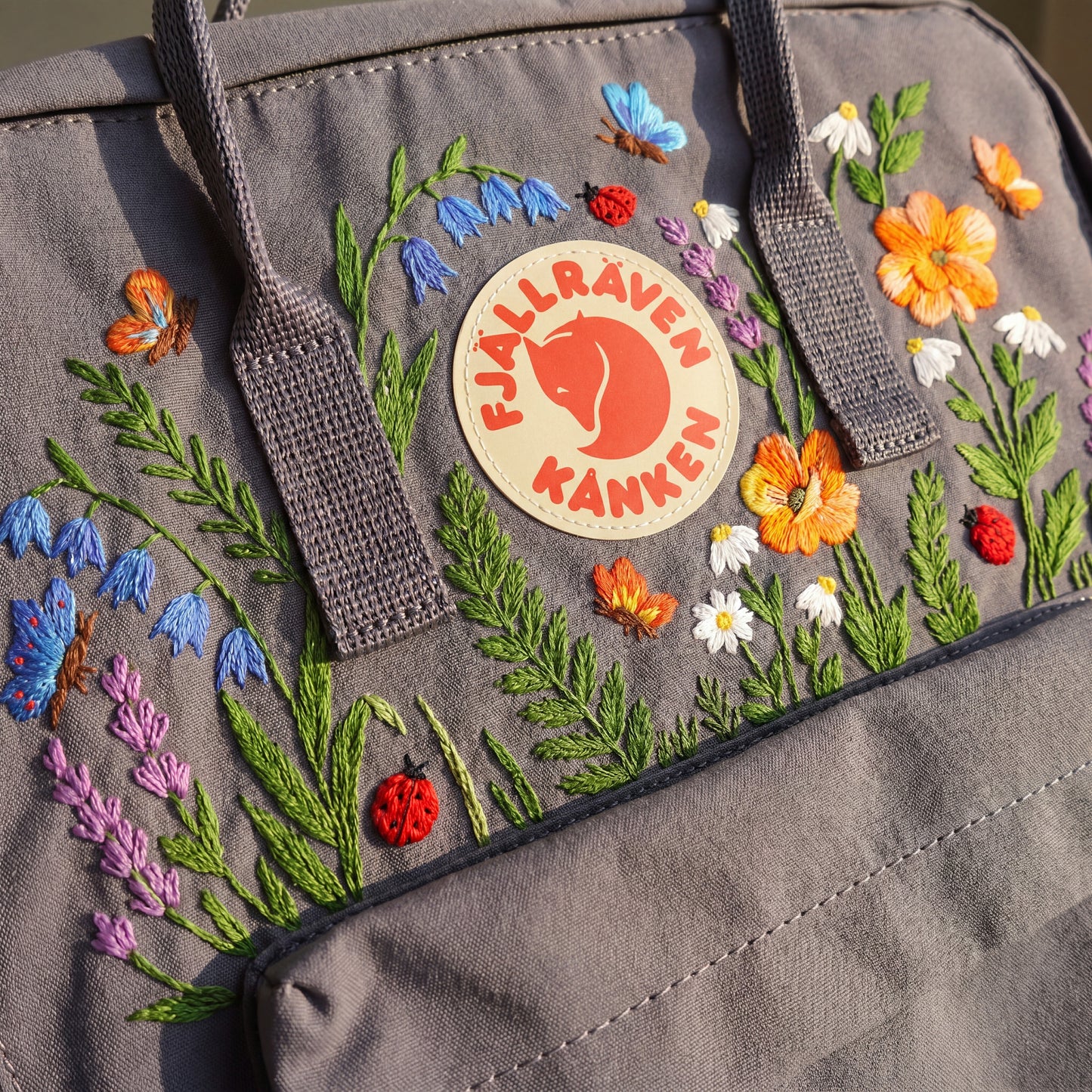 Fjallraven Kanken Wildflower Embroidered Backpack | Poppy Bluebell Daisy Floral Kanken Bag | Butterfly Ladybug Garden Design | Shool Backpack