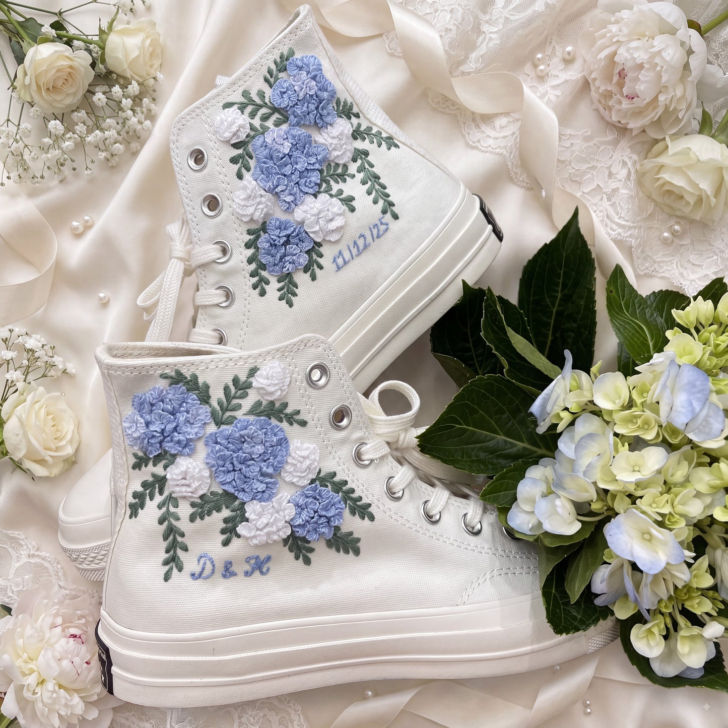 Hand Embroidered Bridal Converse Shoes | Custom Blue Hydrangea Wedding Sneakers | Personalized White Converse Gift for Bride