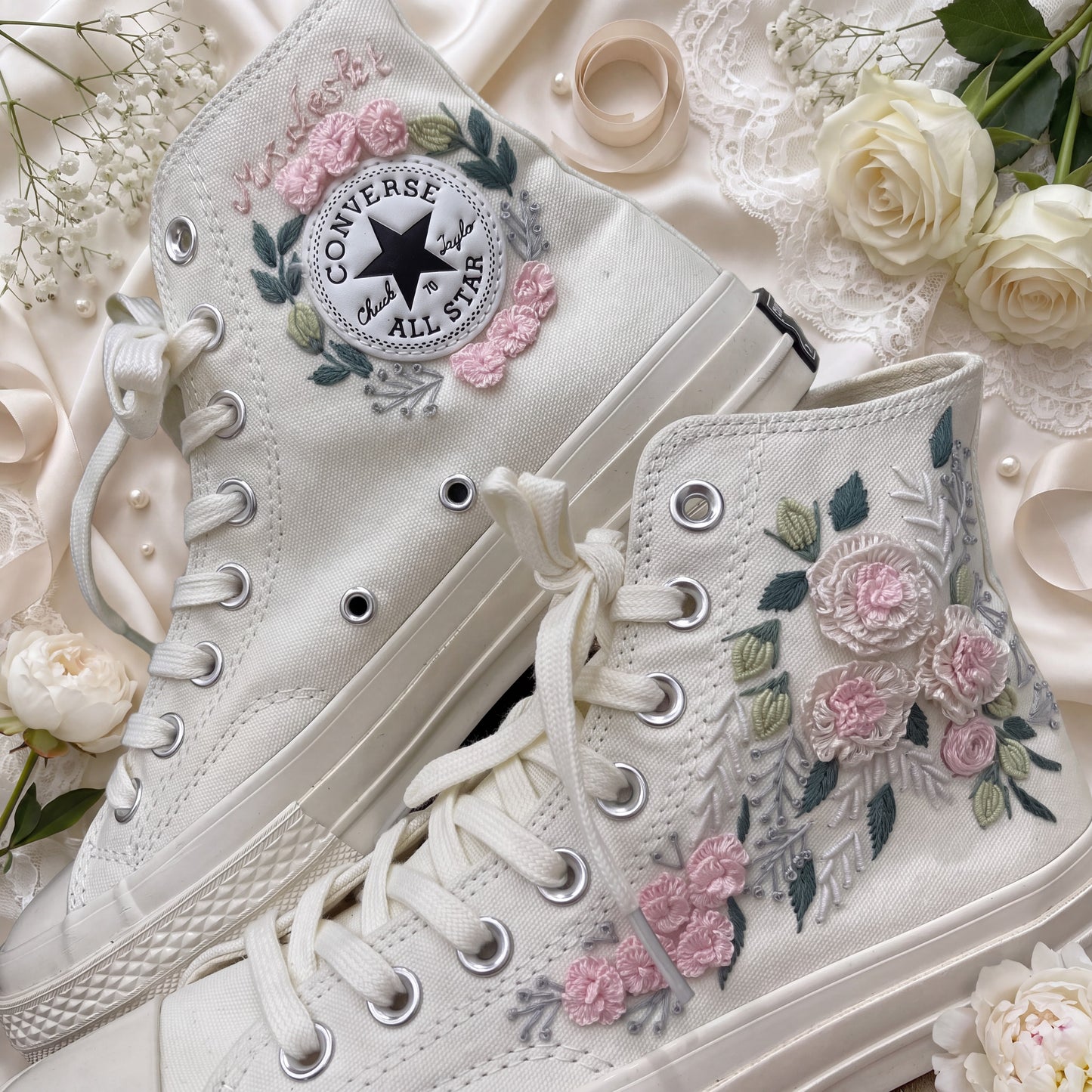 Hand Embroidered Bridal Converse Shoes | Custom Blush Pink Rose Wedding Sneakers | Personalized White Converse Gift for Bride