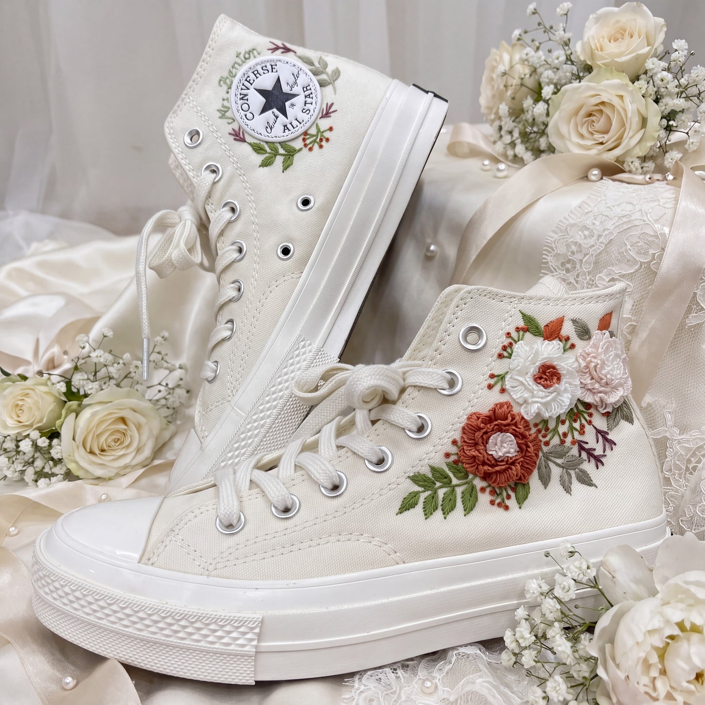 Hand Embroidered Bridal Converse Shoes | Custom Blush & Terracotta Floral Wedding Sneakers | Personalized White Converse Gift for Bride