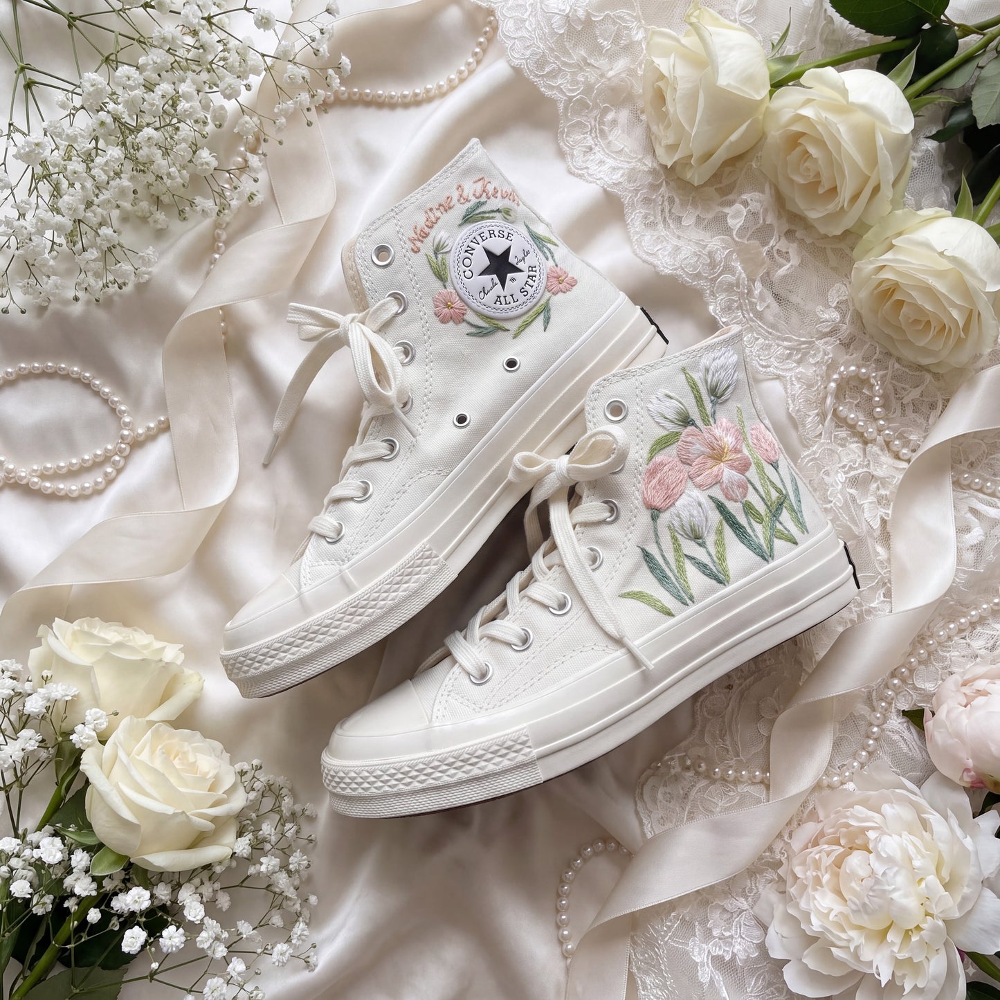 Hand Embroidered Bridal Converse Shoes | Custom Blush Wildflower Wedding Sneakers | Personalized White Converse Gift for Bride