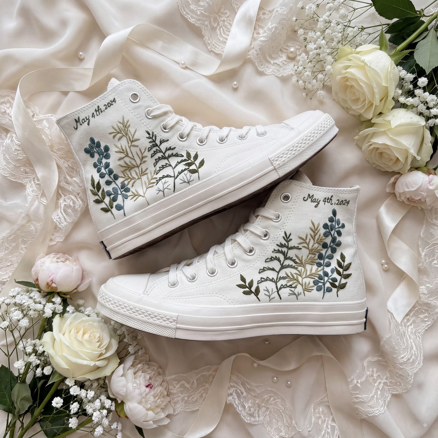 Hand Embroidered Bridal Converse Shoes | Custom Botanical Greenery Wedding Sneakers | Personalized White Converse Gift for Bride
