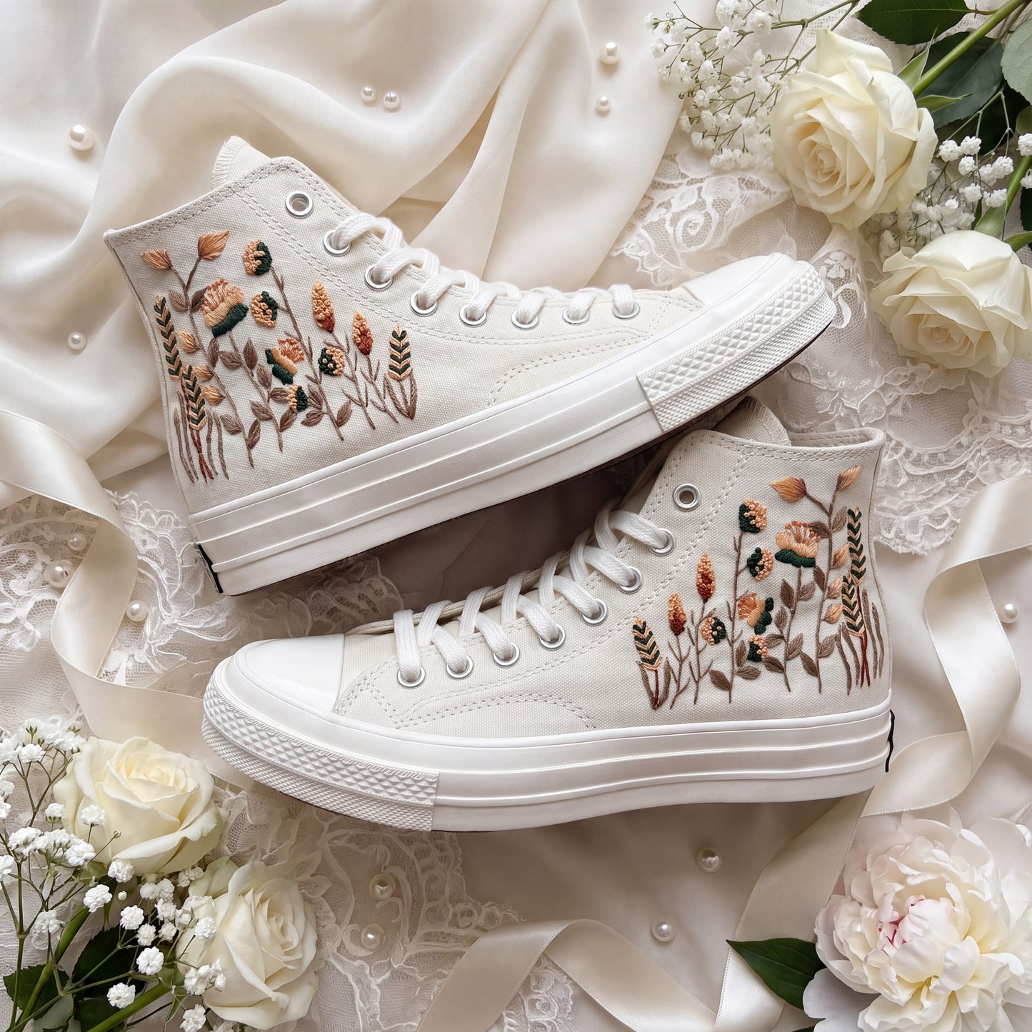 Hand Embroidered Wildflower Bridal Converse Shoes | Custom Botanical Wedding Sneakers | Personalized White Converse Gift for Bride