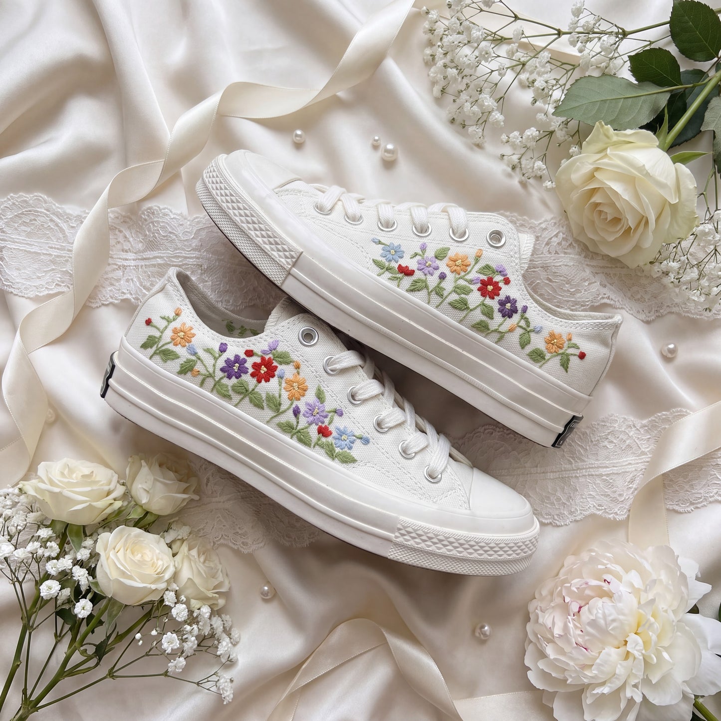 Hand Embroidered Bridal Converse Shoes | Custom Colorful Wildflower Wedding Sneakers | Personalized White Converse Gift for Bride
