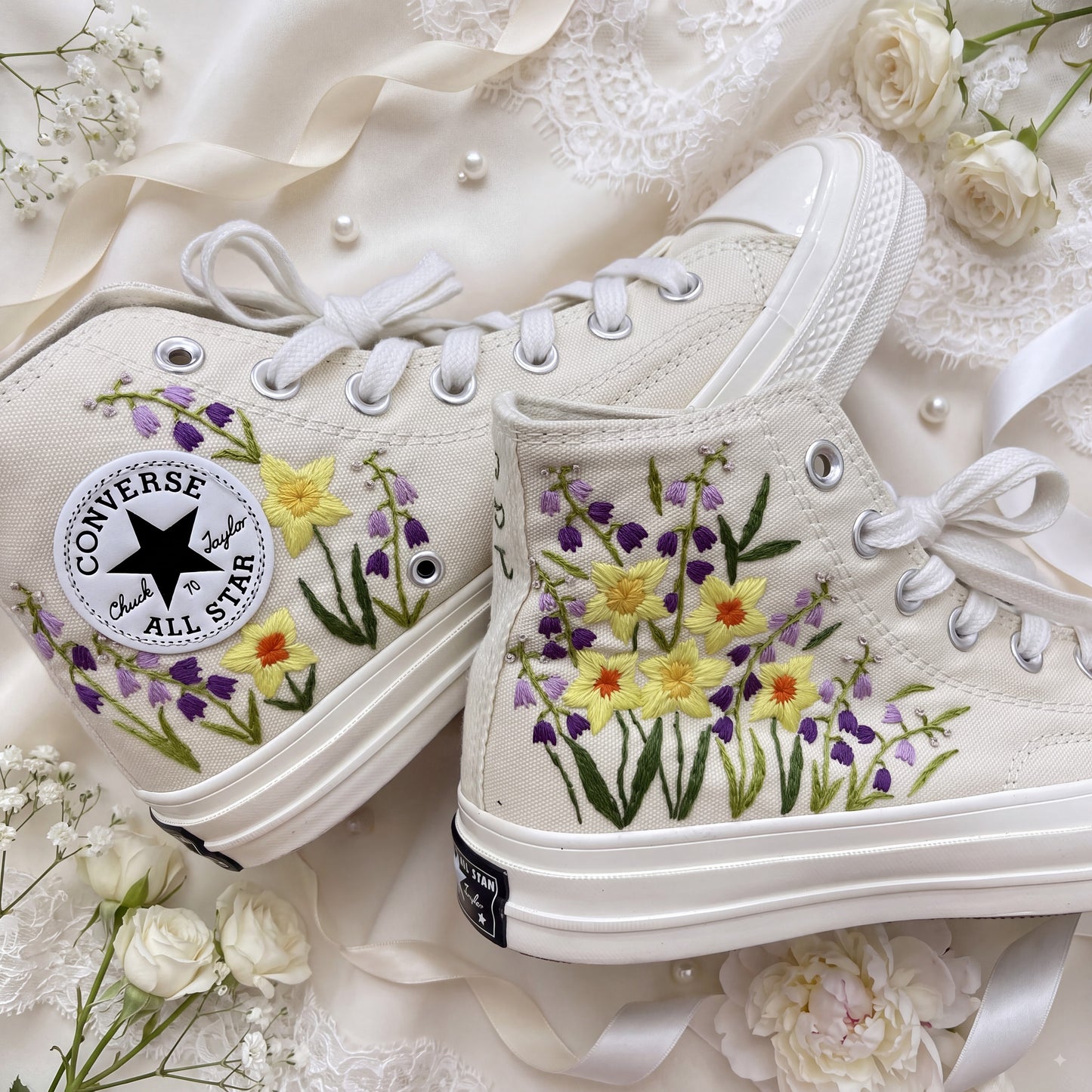 Hand Embroidered Bridal Converse Shoes | Custom Daffodil & Lavender Wedding Sneakers | Personalized White Converse Gift for Bride