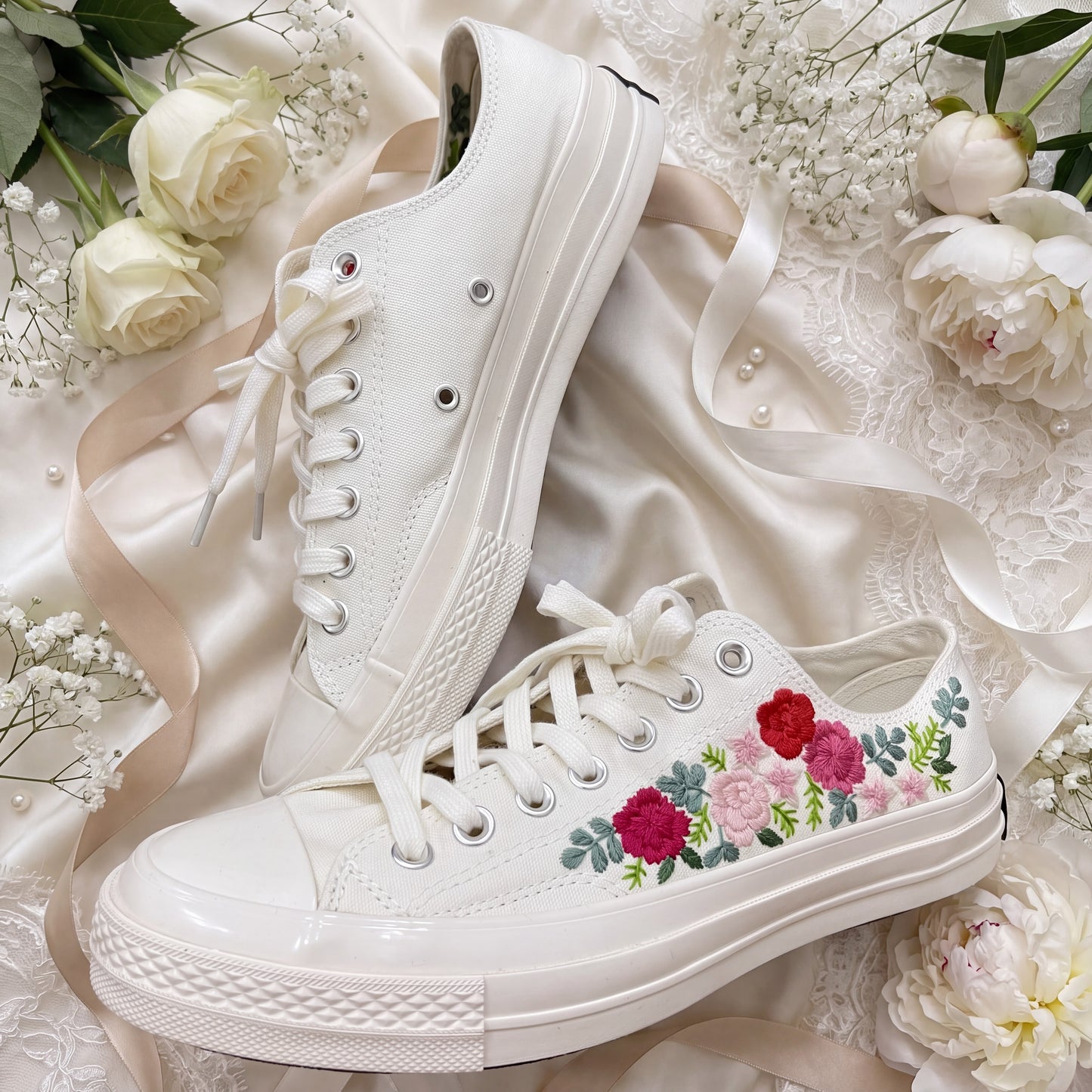 Hand Embroidered Bridal Converse Shoes | Custom Floral Wedding Sneakers | Personalized White Converse Gift for Bride