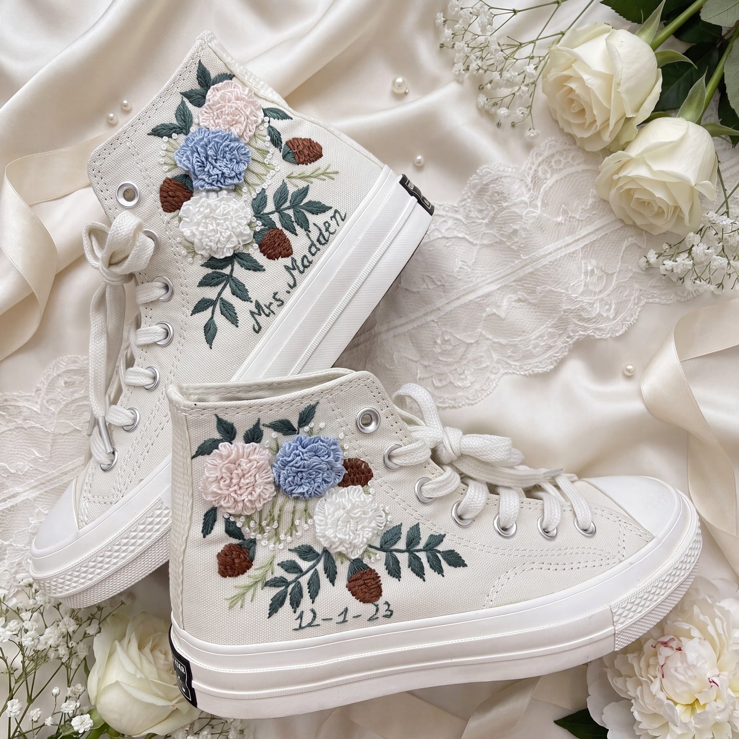 Hand Embroidered Bridal Converse Shoes | Custom Multicolor Hydrangea Wedding Sneakers | Personalized White Converse Gift for Bride