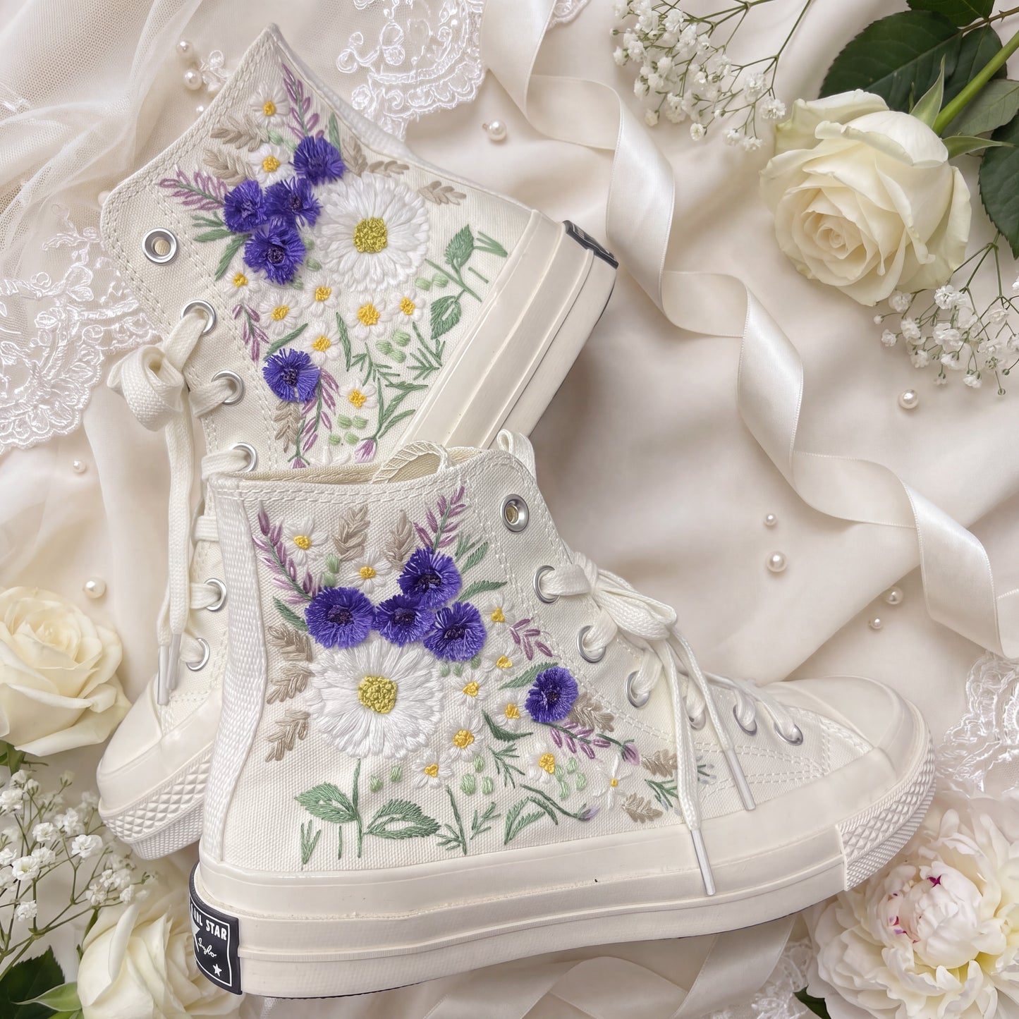 Hand Embroidered Bridal Converse Shoes | Custom Purple Wildflower Wedding Sneakers | Personalized White Converse Gift for Bride