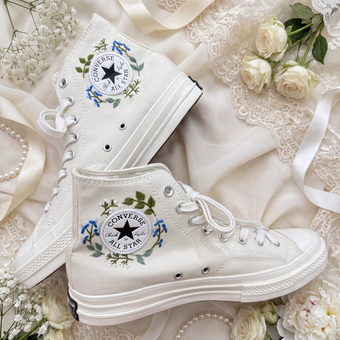 Hand Embroidered Bridal Converse Shoes | Custom Sunflower Wedding Sneakers | Personalized White Converse Gift for Bride