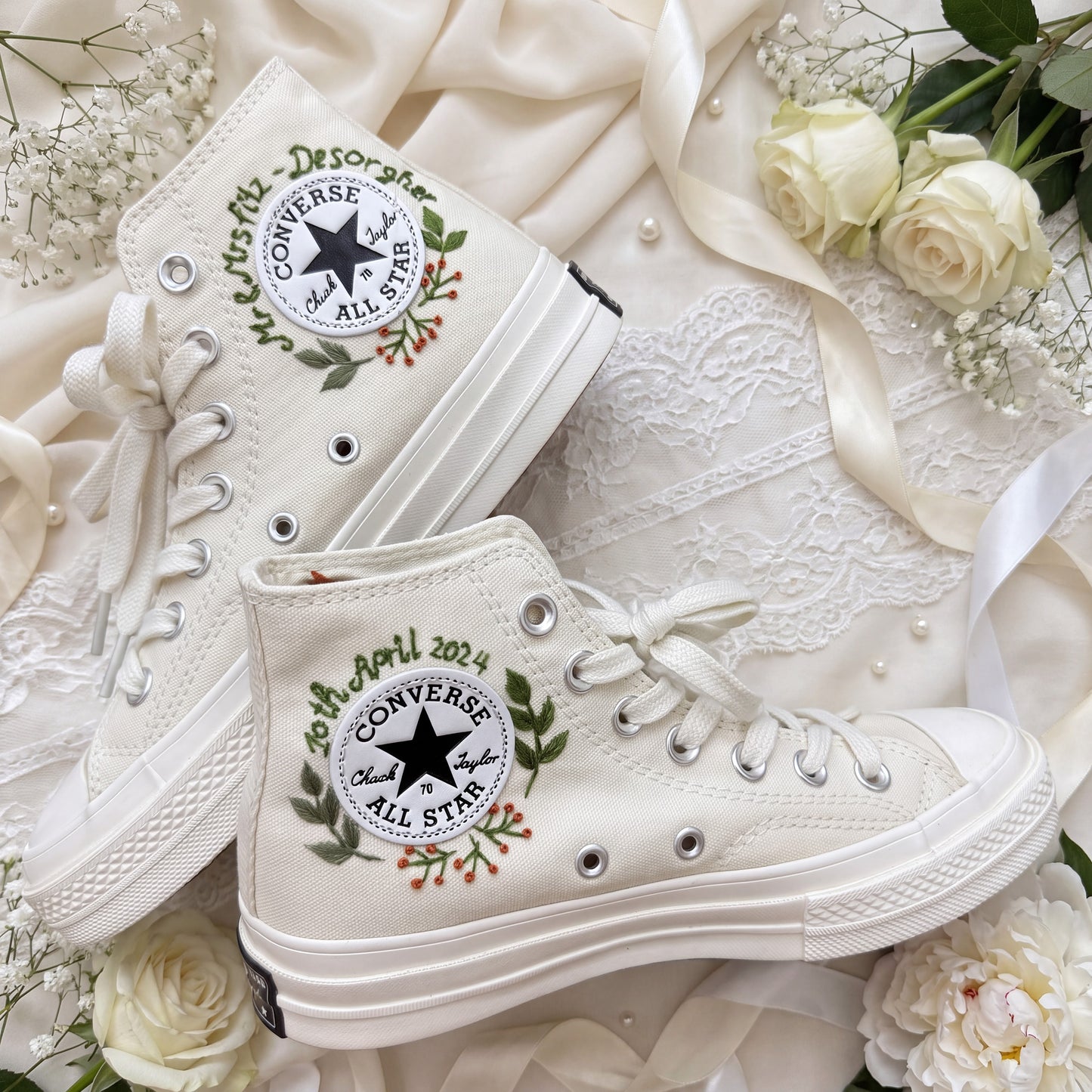 Hand Embroidered Bridal Converse Shoes | Custom Vintage Floral Wedding Sneakers | Personalized White Converse Gift for Bride