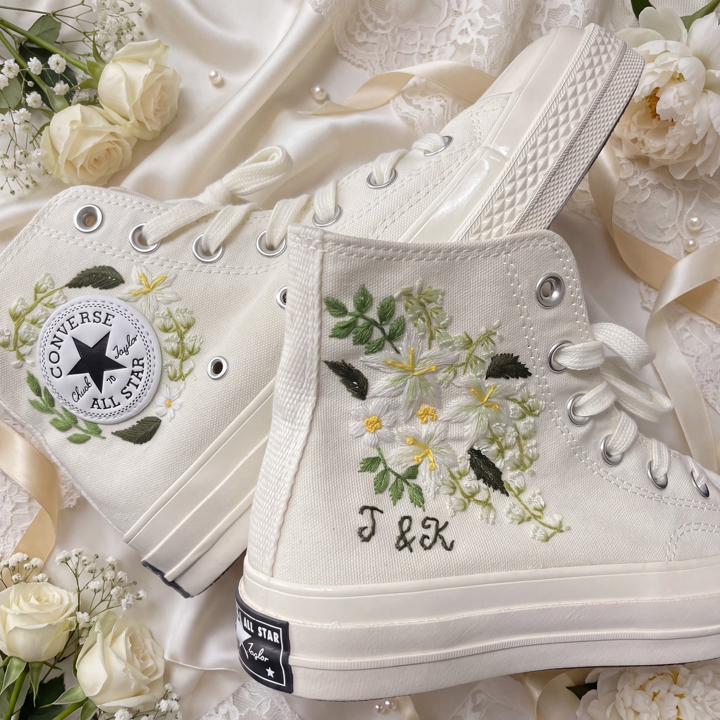 Hand Embroidered Bridal Converse Shoes | Custom White Jasmine Wedding Sneakers | Personalized White Converse Gift for Bride
