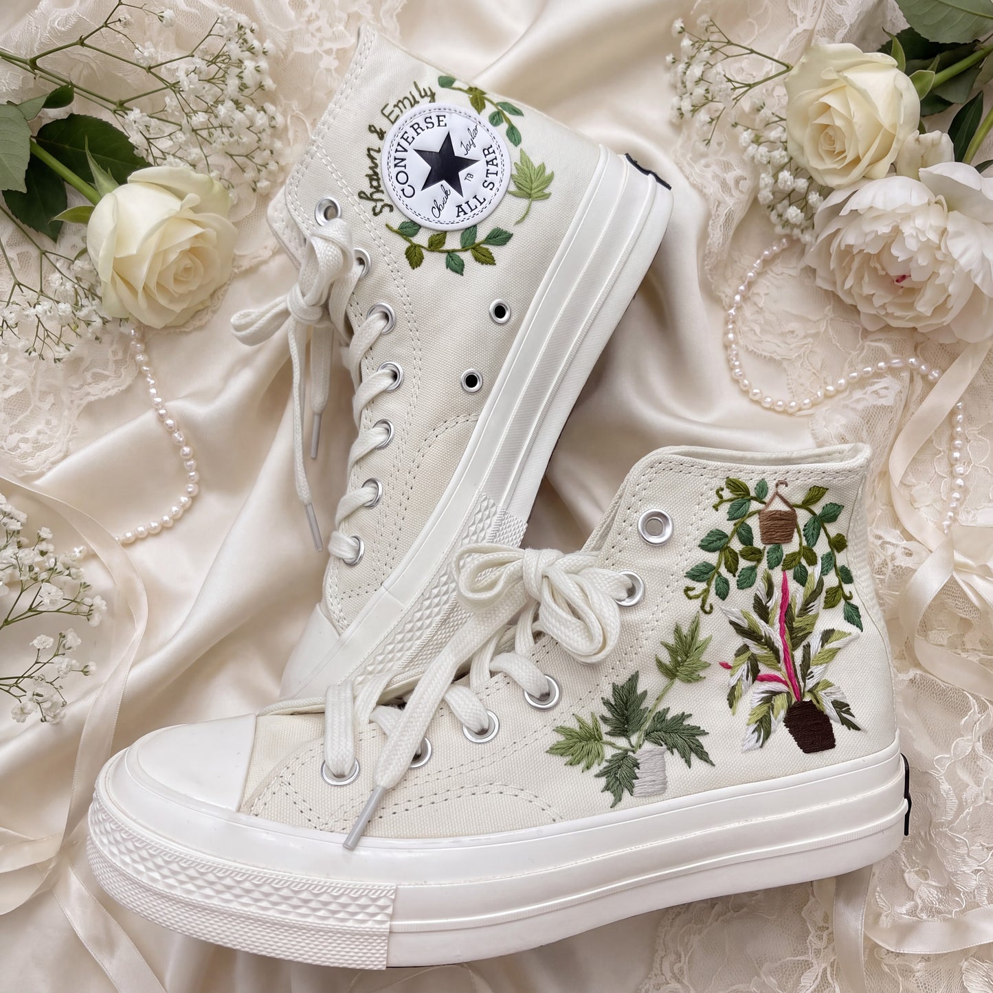 Hand Embroidered Botanical Bridal Converse Shoes | Custom Plant Lover Wedding Sneakers | Personalized White Converse Gift for Bride