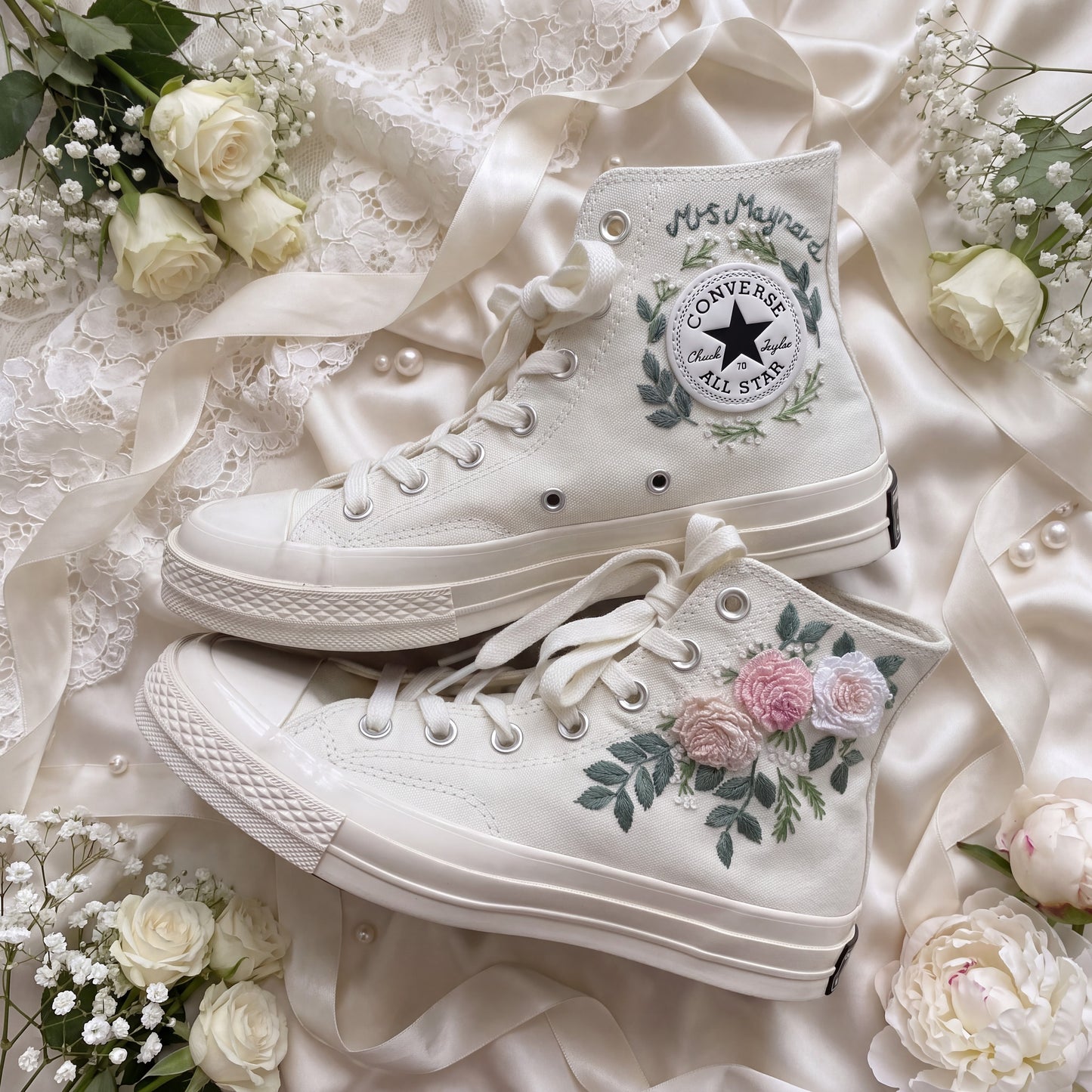 Hand Embroidered Bridal Converse Shoes | Custom Rose Floral Wedding Sneakers | Personalized White Converse Gift for Bride