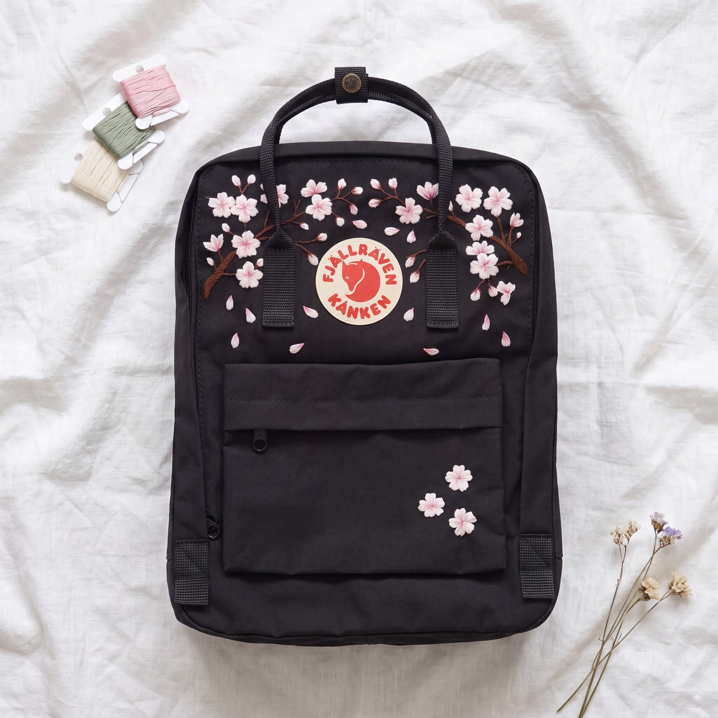 Fjallraven KaFjallraven Kanken Cherry Blossom Embroidered Backpack | Sakura Floral Hand Embroidery | Custom Name Kanken Bag | Back to School