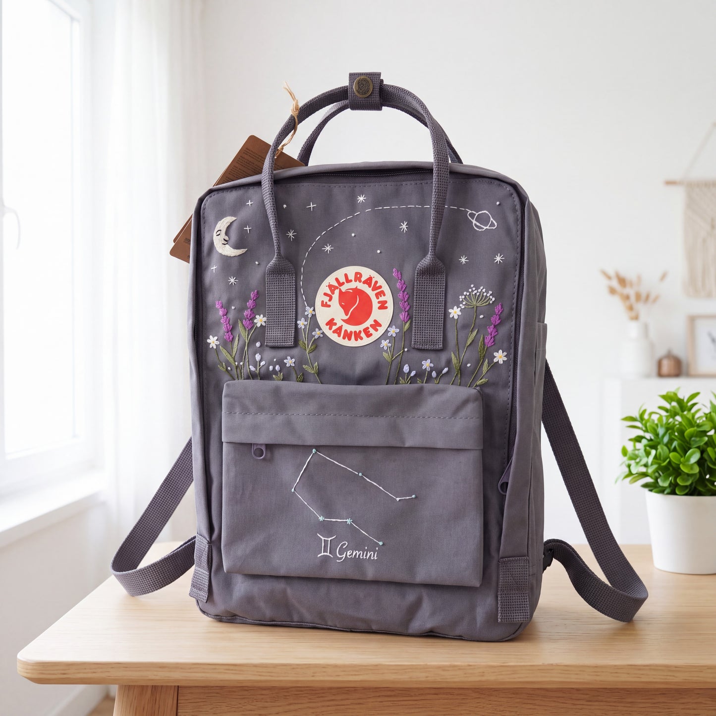 Personalized Fjallraven Kanken Backpack | Gemini Zodiac Embroidered Backpack | Moon & Stars Celestial Kanken Bag | Lavender Backpack