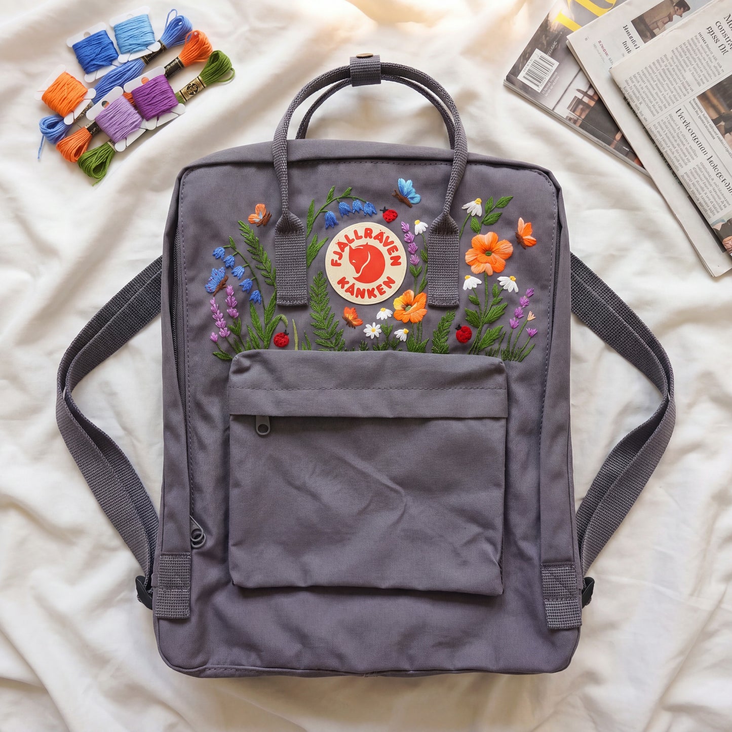 Fjallraven Kanken Wildflower Embroidered Backpack | Poppy Bluebell Daisy Floral Kanken Bag | Butterfly Ladybug Garden Design | Shool Backpack