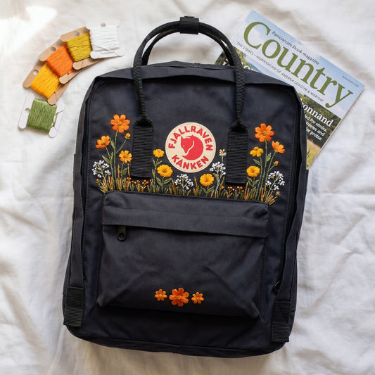 Personalized Fjallraven Kanken Wildflower Backpack, Embroidered Marigold & Baby's Breath Kanken Bag, CustomBackpack with Meaningful Quote