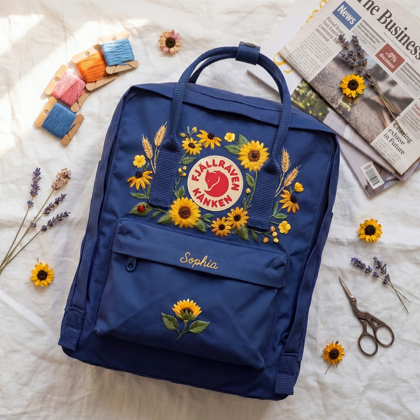 Personalized Fjallraven Kanken Sunflower Backpack, Custom Name Embroidered Kanken Bag, Embroidered Sunflower Garden School Backpack