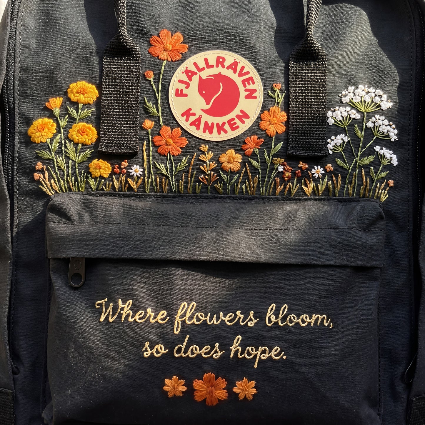 Personalized Fjallraven Kanken Wildflower Backpack, Embroidered Marigold & Baby's Breath Kanken Bag, CustomBackpack with Meaningful Quote