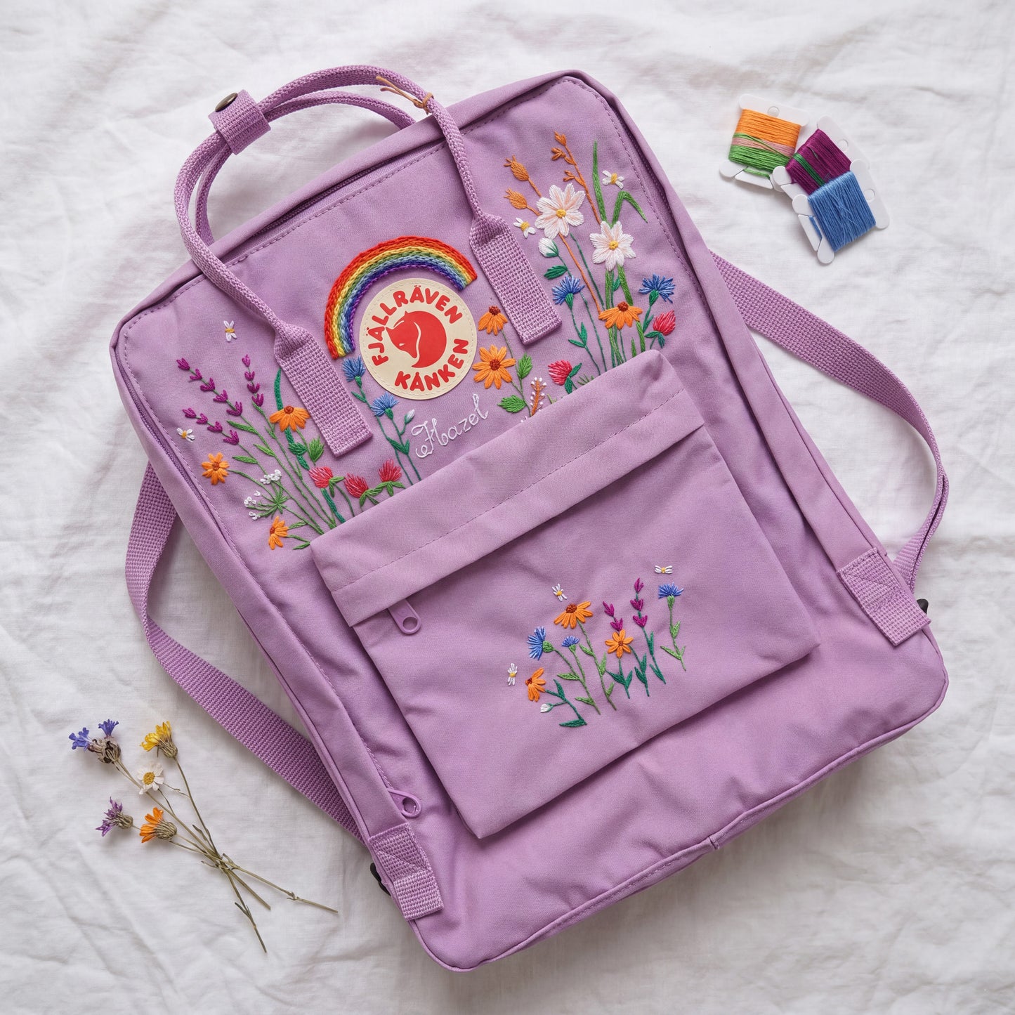 Custom Embroidered Fjallraven Kanken Backpack Wildflower | Fjallraven Kanken Travel Backpack| Handmade Cottagecore School Bag|Wildflower Bag