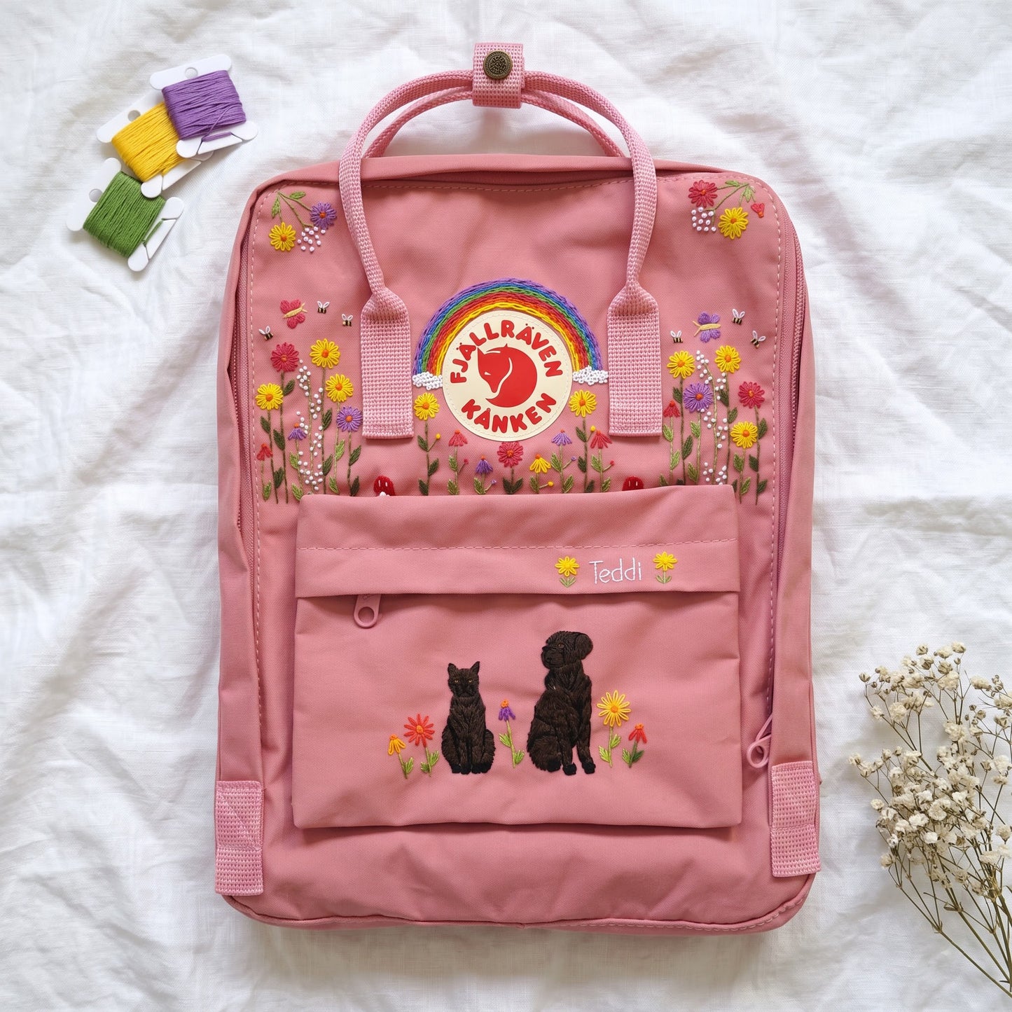 Personalized Fjallraven Kanken Pet Backpack | Custom Cat & Dog Embroidered Kanken Bag |Rainbow Wildflower Backpack | Custom Pet Portrait Bag