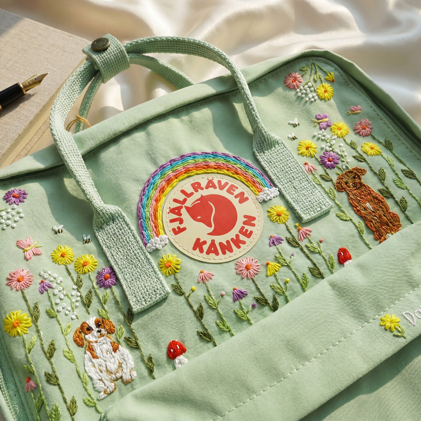 Hand-Embroidered Fjallraven Kanken Backpack with Dogs Design| Custom Embroidered Fjallraven Kanken Backpack | Dogs Embroidery Backpack