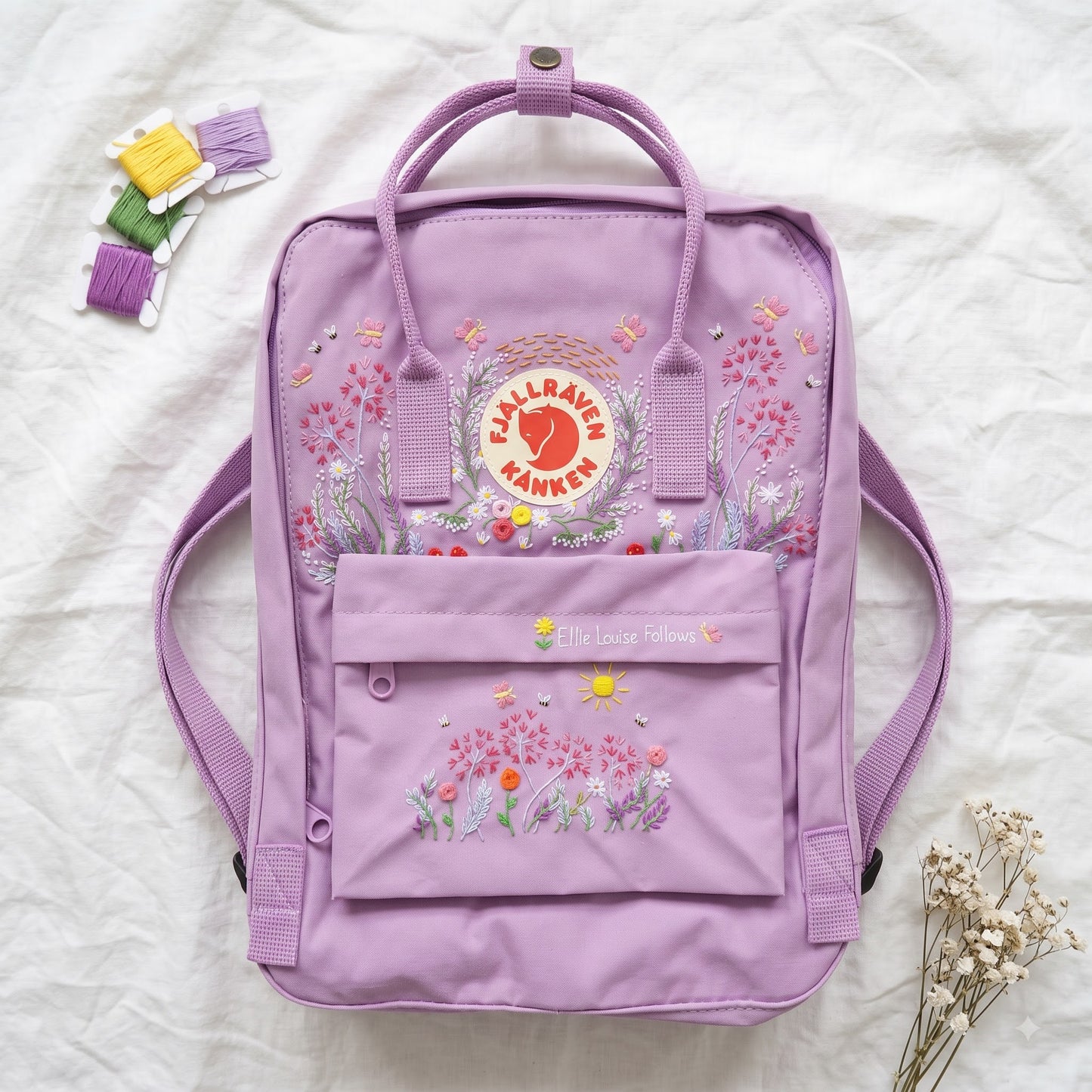 Kanken Backpack Embroidered with Dandelion Flowers / Fjallraven kanken embroidery design Dandelion flowers/ Butterfly and flower embroidered