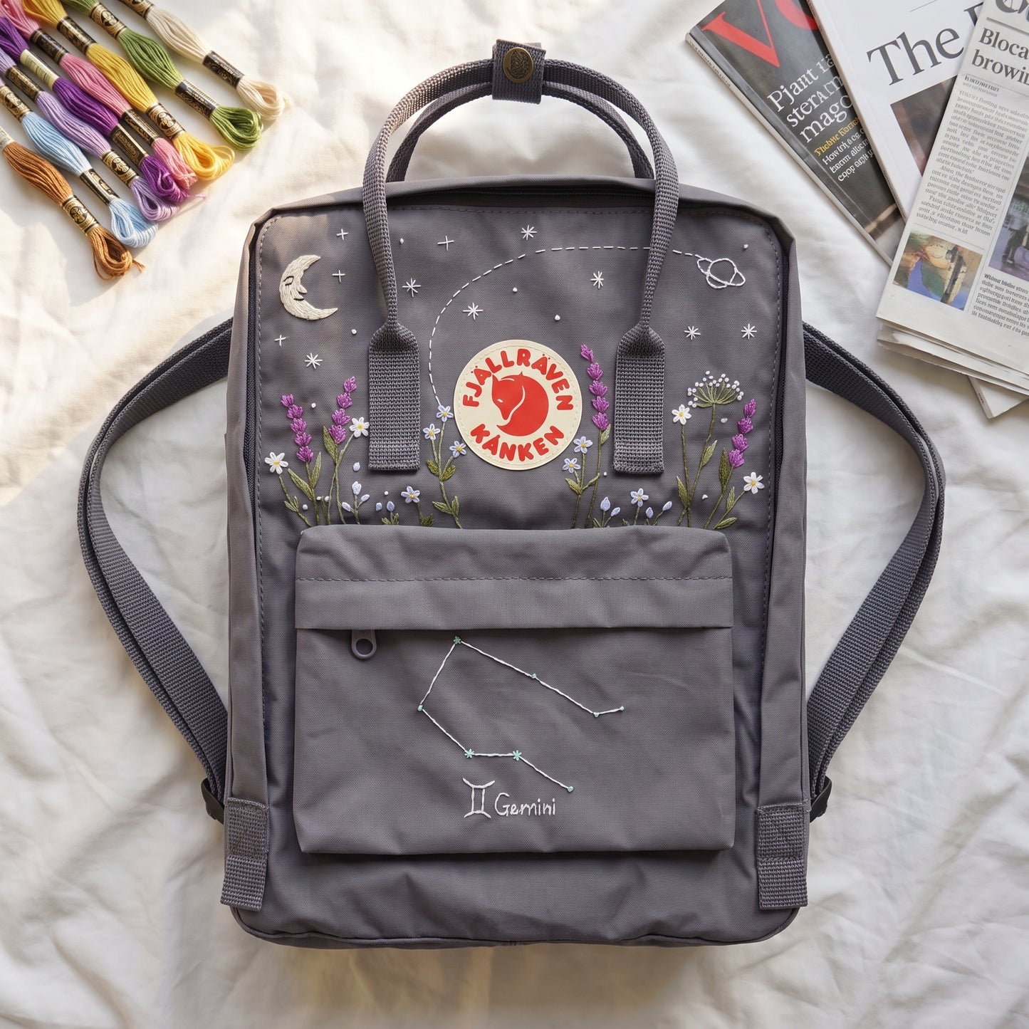 Personalized Fjallraven Kanken Backpack | Gemini Zodiac Embroidered Backpack | Moon & Stars Celestial Kanken Bag | Lavender Backpack