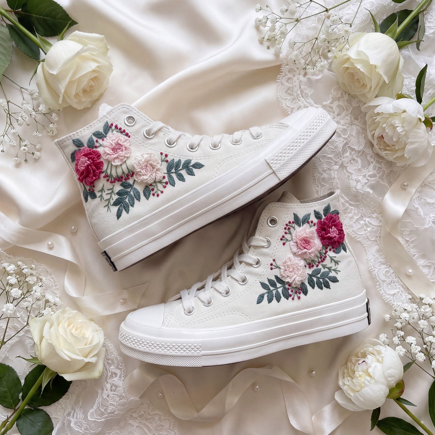 Hand Embroidered High Top Bridal Converse Shoes | Custom Pink Rose Wedding Sneakers | Personalized White Converse Gift for Bride