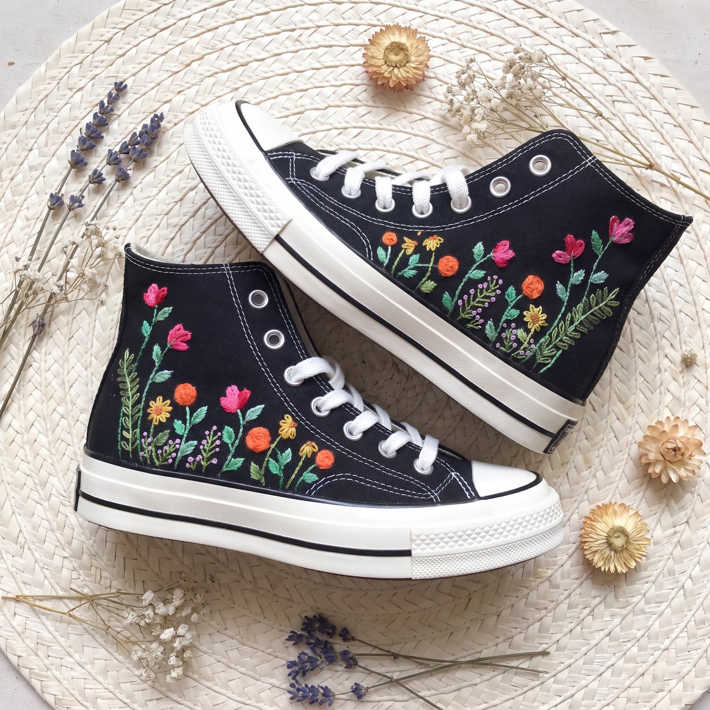 Hand Embroidered High Top Converse Shoes | Custom Rose Floral Sneakers | Personalized Black Canvas Converse Gift
