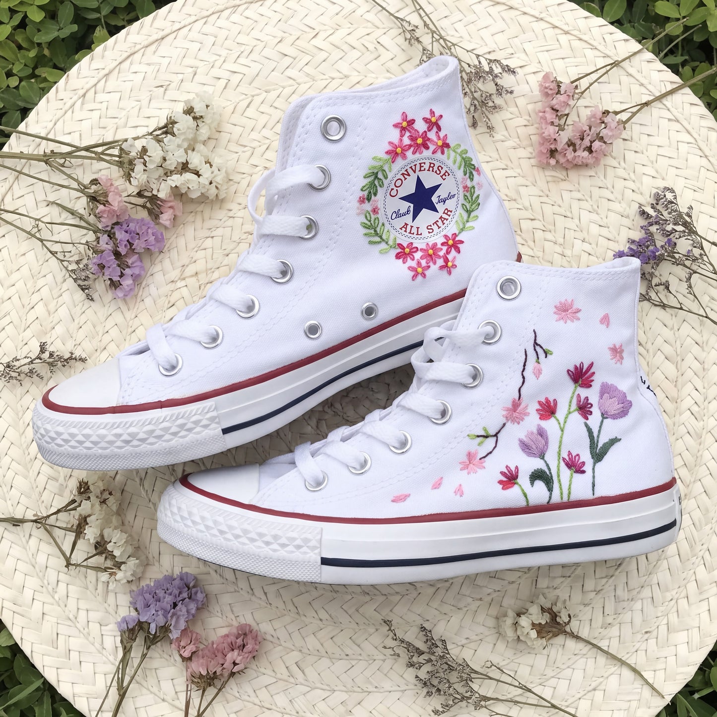 Hand Embroidered High Top Converse Shoes | Custom Tulip & Cherry Blossom Sneakers | Personalized White Canvas Converse Gift