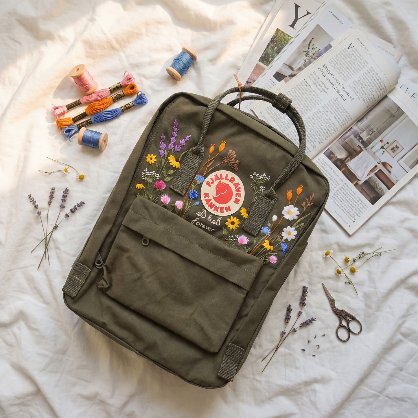 Personalized Fjallraven Kanken Wildflower Backpack | Custom Embroidered Kanken Bag | Wildflower Embroidery Backpack | Back to School Gift
