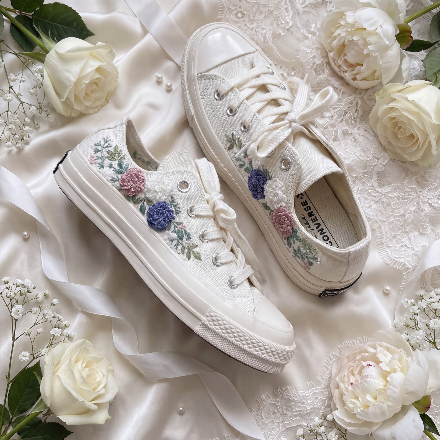 Hand Embroidered Low Top Bridal Converse Shoes | Custom Colorful Wildflower Wedding Sneakers | Personalized White Converse Gift for Bride