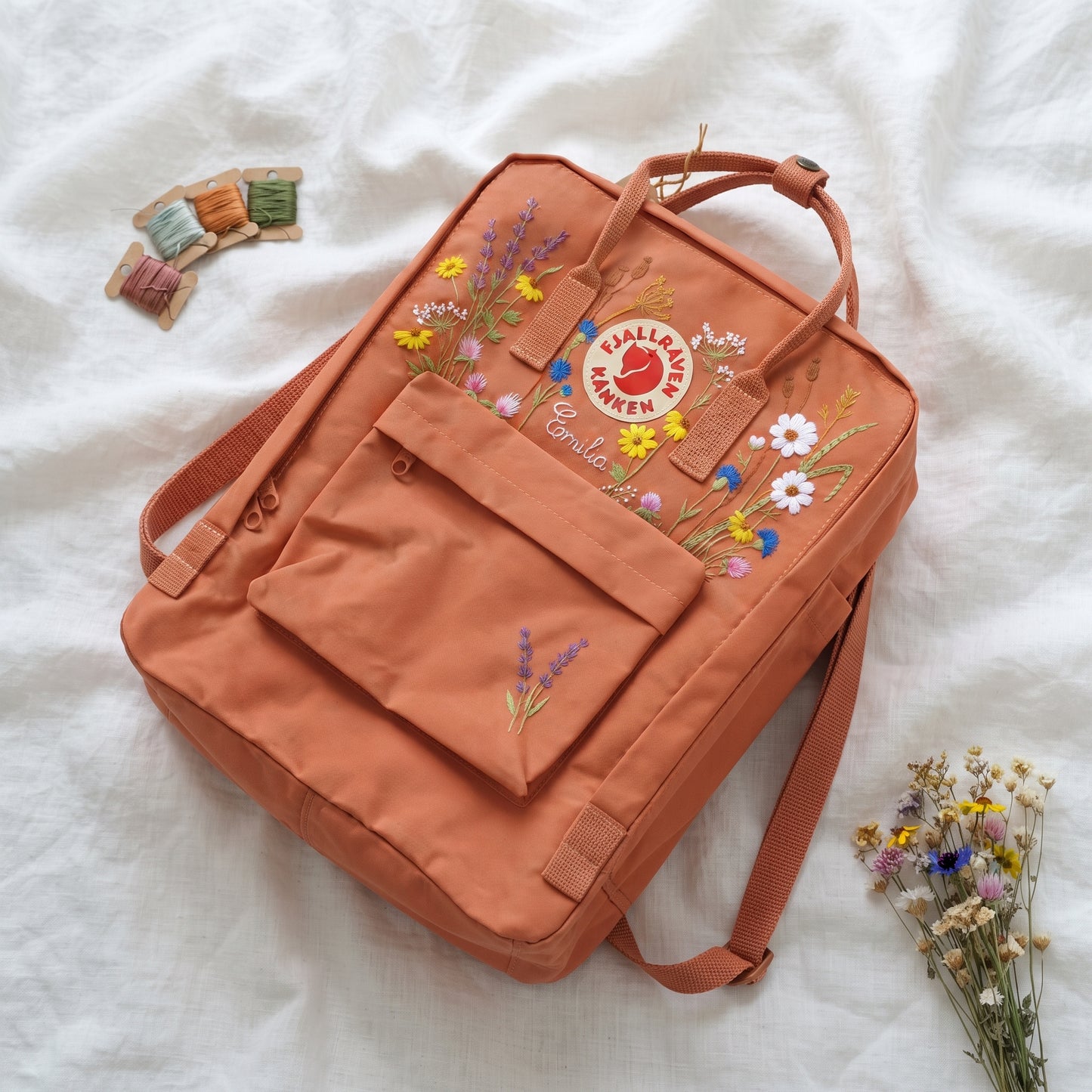 Custom Embroidered Fjallraven Kanken Backpack Wildflower | Fjallraven Kanken Travel Backpack| Handmade Cottagecore School Bag|Wildflower Bag
