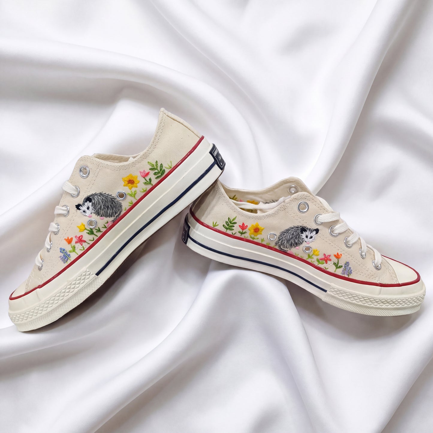 Hand Embroidered Opossum Converse Shoes | Custom Floral White Converse Sneakers | Personalized Gift for Women