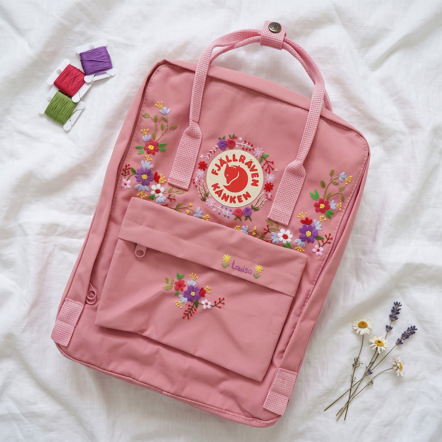 Fjallraven Kanken Floral Backpack | Embroidered Wildflower Wreath Kanken Bag | Embroidered Multicolor Flower Kanken Bag| Back to School Gift