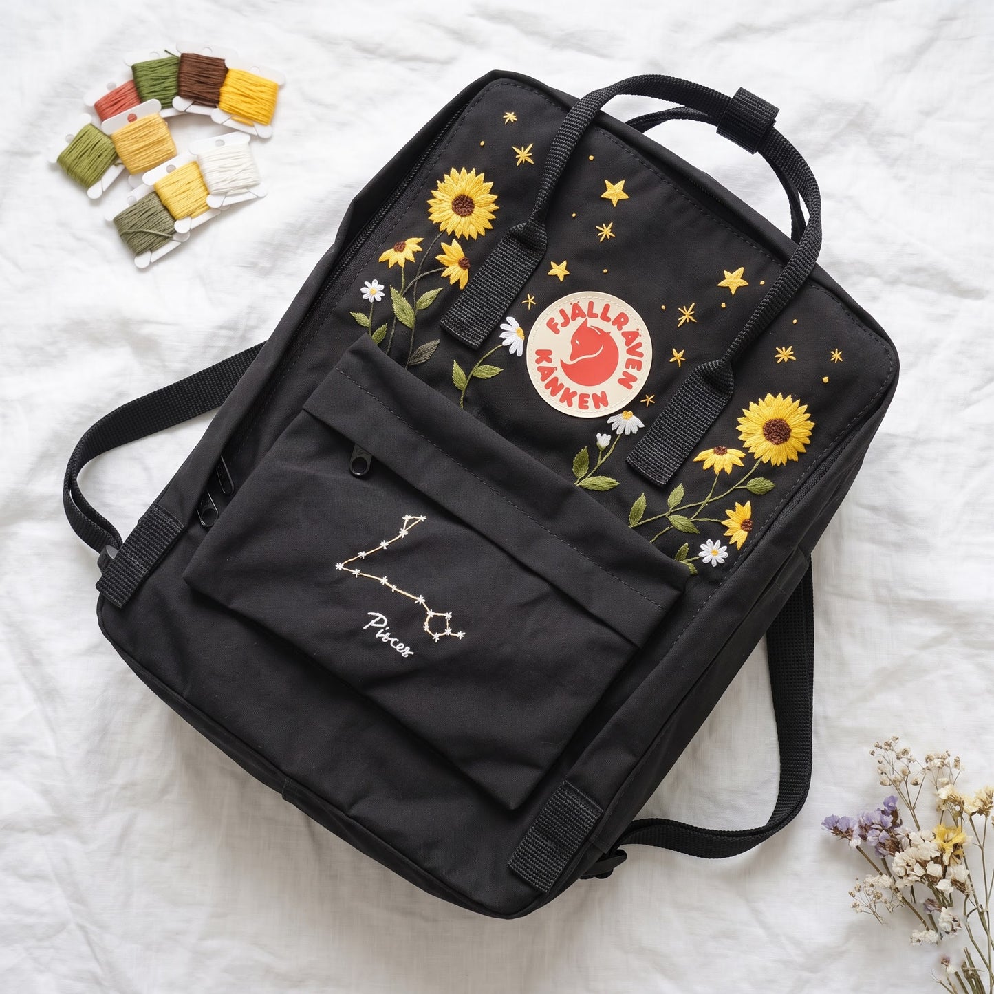 Fjallraven Kanken Backpack Embroidered Sunflower & Pisces Constellation | Personalized Zodiac Kanken Bag | Celestial Floral Backpack