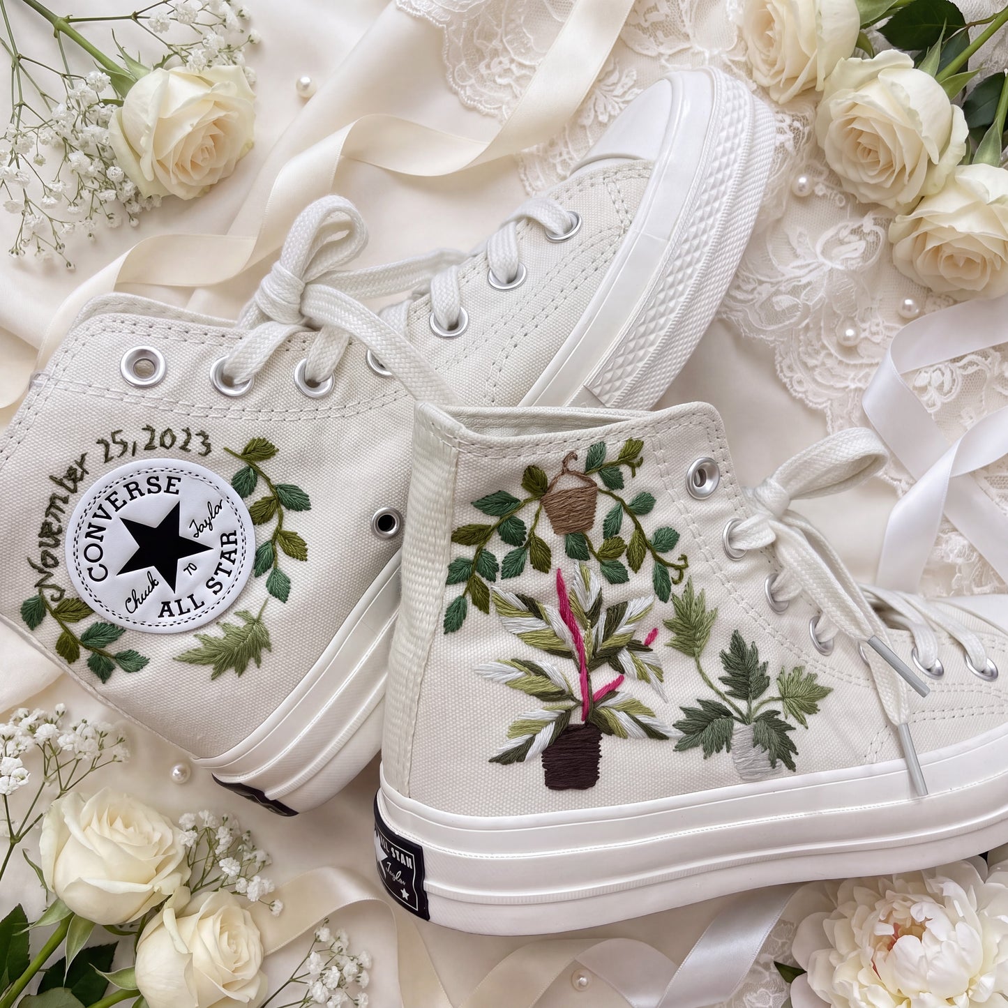 Hand Embroidered Botanical Bridal Converse Shoes | Custom Plant Lover Wedding Sneakers | Personalized White Converse Gift for Bride