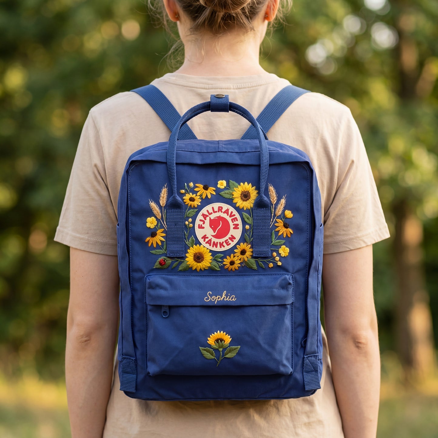Personalized Fjallraven Kanken Sunflower Backpack, Custom Name Embroidered Kanken Bag, Embroidered Sunflower Garden School Backpack