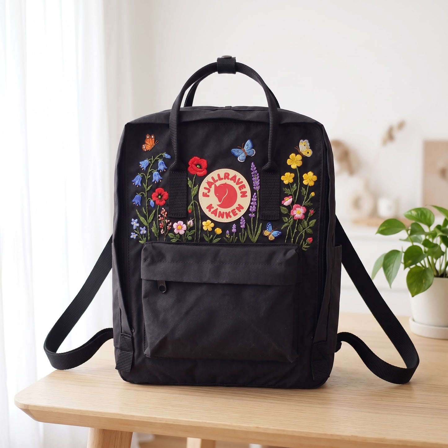 Hand Embroidered Fjallraven Kanken Backpack, Floral Butterfly Kanken Bag, Custom Embroidered Backpack, Personalized Kanken Backpack