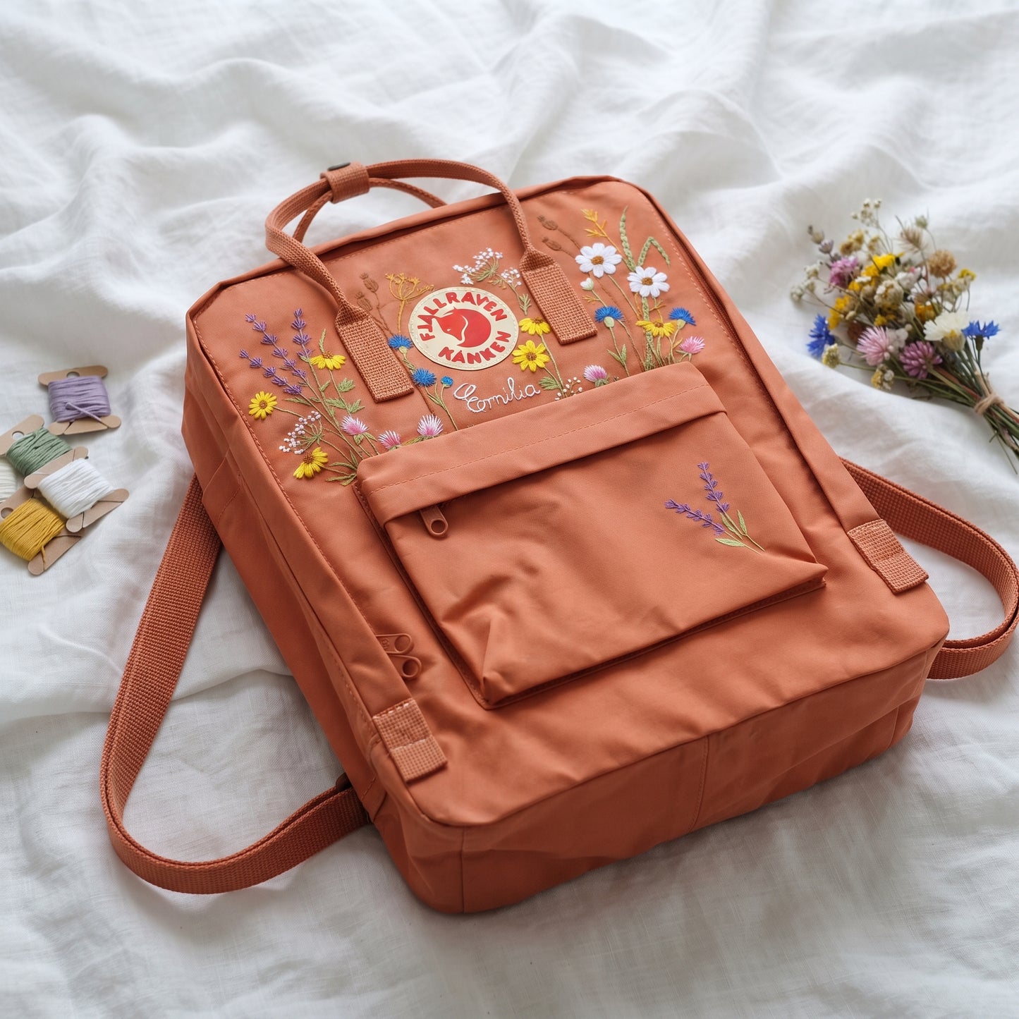 Custom Embroidered Fjallraven Kanken Backpack Wildflower | Fjallraven Kanken Travel Backpack| Handmade Cottagecore School Bag|Wildflower Bag