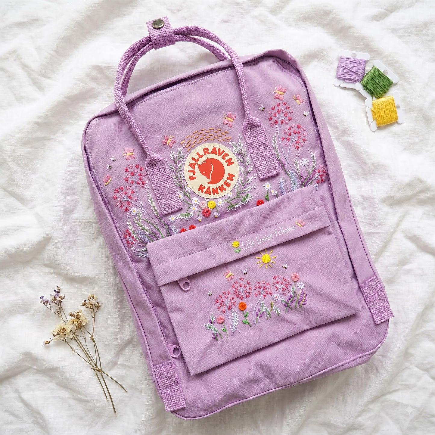 Kanken Backpack Embroidered with Dandelion Flowers / Fjallraven kanken embroidery design Dandelion flowers/ Butterfly and flower embroidered