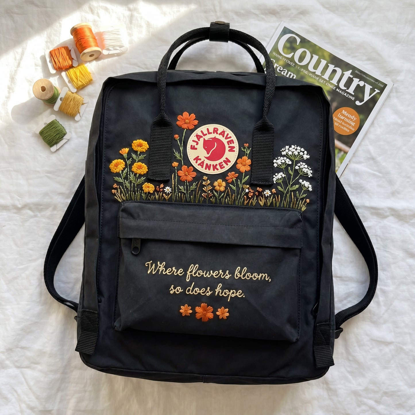 Personalized Fjallraven Kanken Wildflower Backpack, Embroidered Marigold & Baby's Breath Kanken Bag, CustomBackpack with Meaningful Quote